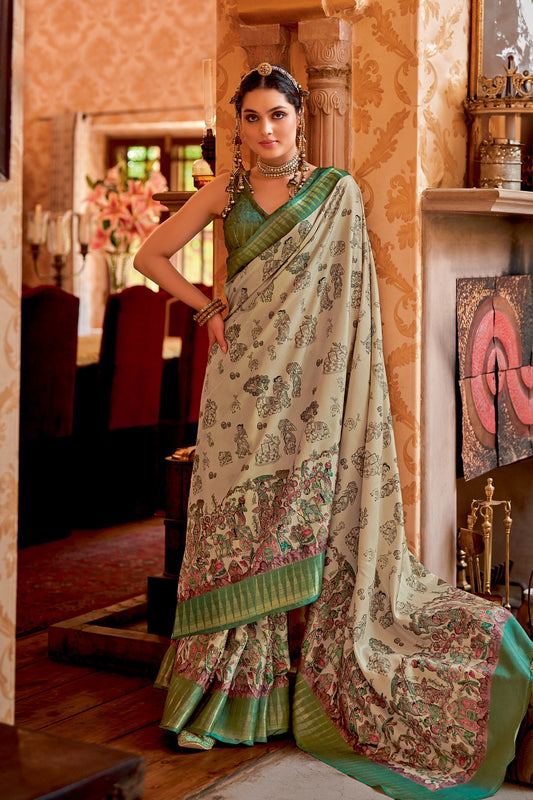 Draupadi 06 by Vastrya Kalamkari Print Manipuri Temple Patta Saree