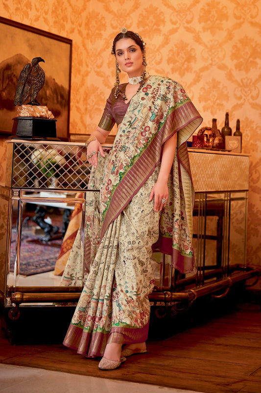 Draupadi 02 by Vastrya Kalamkari Print Manipuri Temple Patta Saree